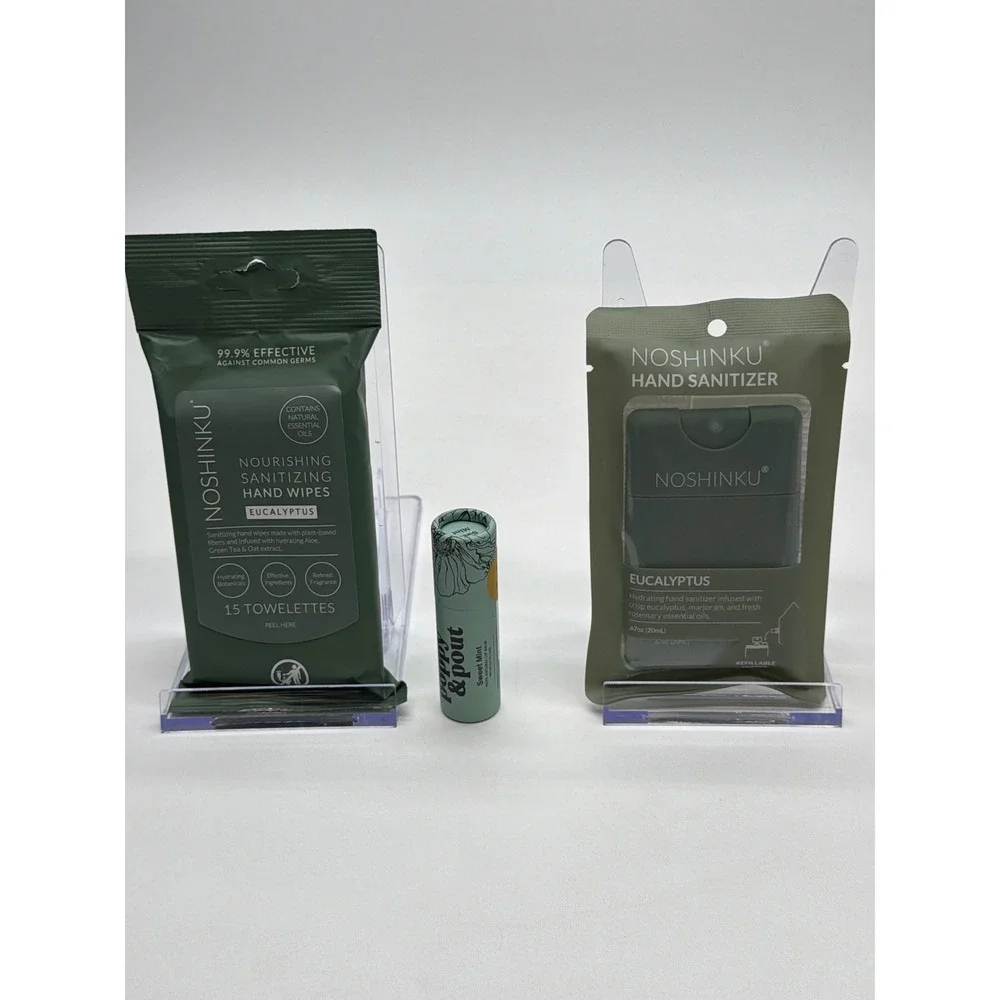 Noshinku Eucalyptus Hand Sanitizer Wipes & Poppy Pout Sweet Mint Lip Balm Set